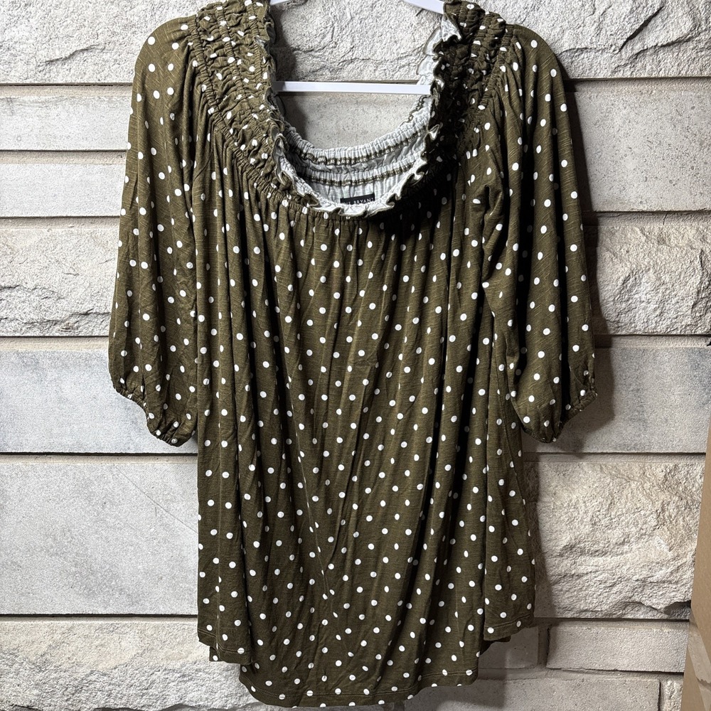 Lane‎ Bryant Green Polka Dot Swing Top Off the Shoulder Smocked - Size 18/20